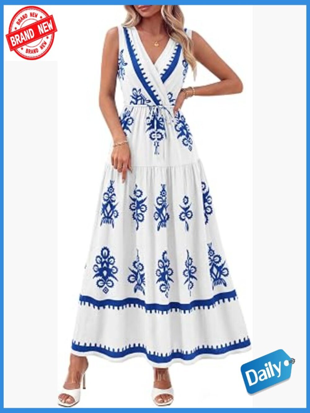 Sleeveless Floral Maxi Dress with Belt Ruffle Boho Beach Vacation